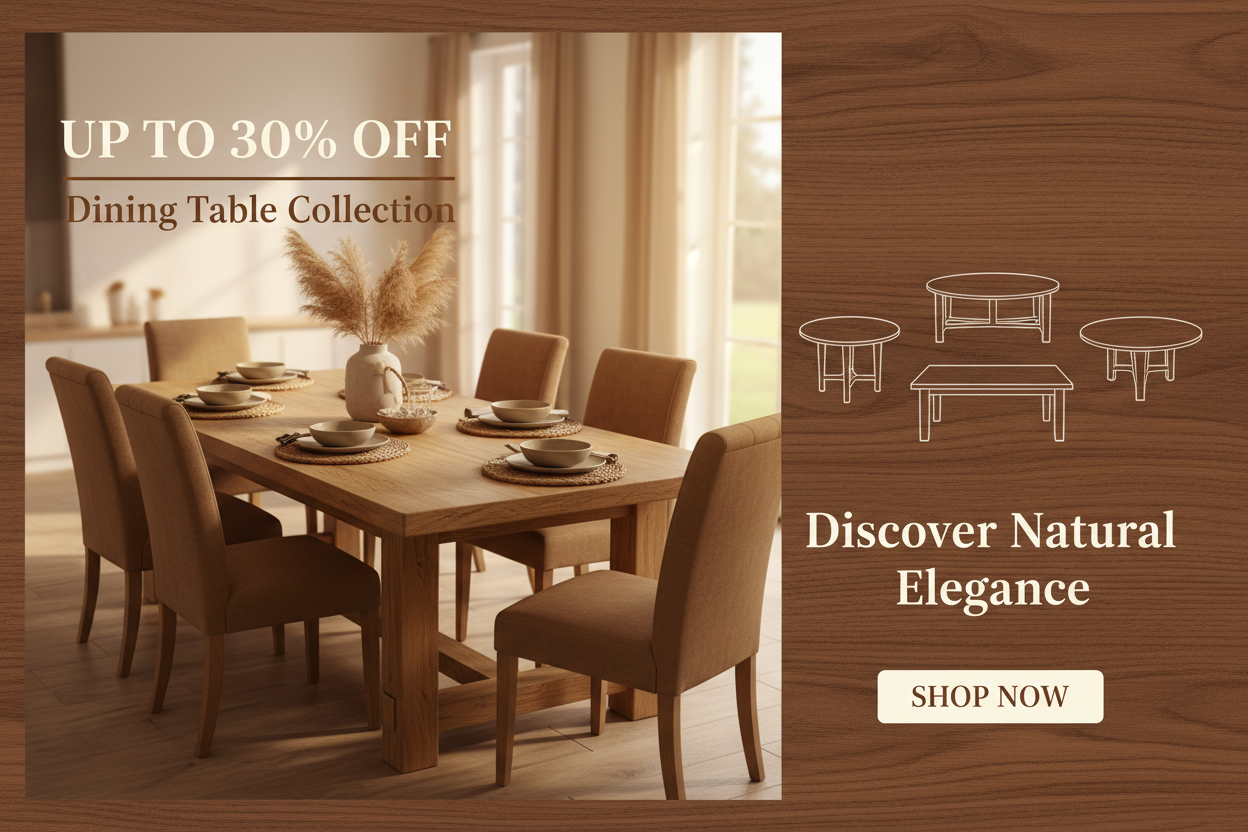 dining tables upto 30% Off            Banner in a woody Colour Theme